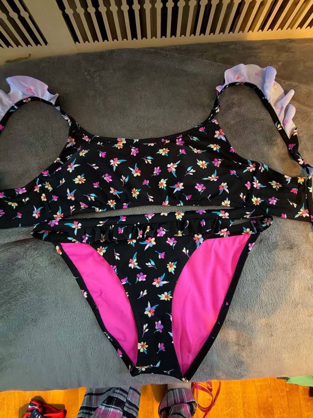 So Black Floral Butterfly Tankini Bathing Suit Size L